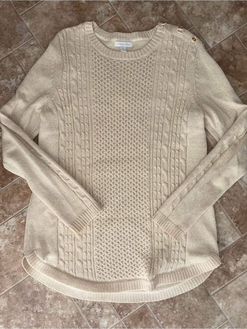 Charter Club Cream Cable-Knit Crewneck Sweater with Shoulder Buttons